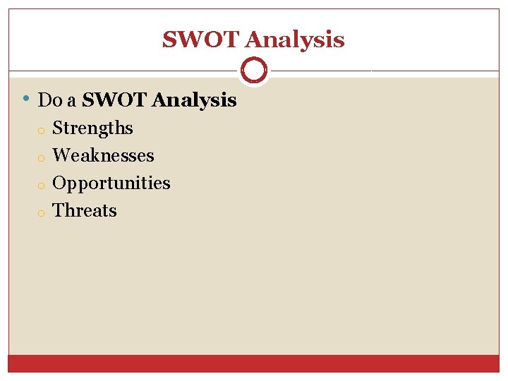SWOT Analysis • Do a SWOT Analysis o o Strengths Weaknesses Opportunities Threats 