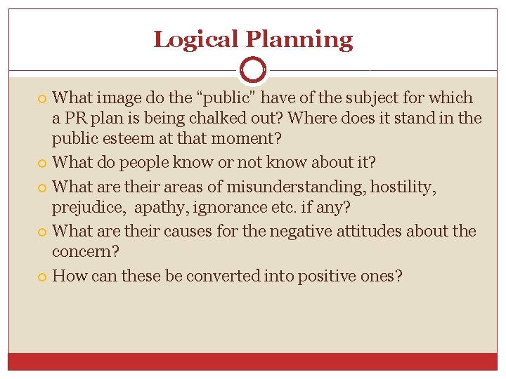 Logical Planning What image do the “public” have of the subject for which a