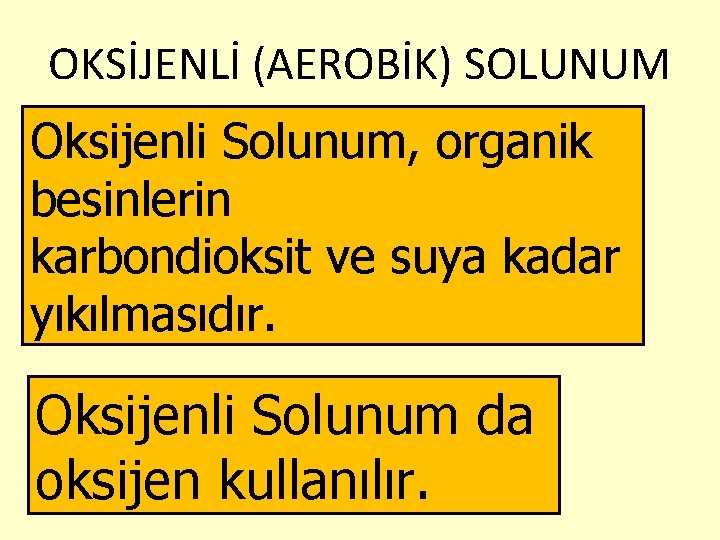 OKSİJENLİ (AEROBİK) SOLUNUM Oksijenli Solunum, organik besinlerin karbondioksit ve suya kadar yıkılmasıdır. Oksijenli Solunum