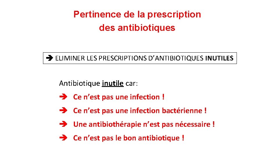 Pertinence de la prescription des antibiotiques ELIMINER LES PRESCRIPTIONS D’ANTIBIOTIQUES INUTILES Antibiotique inutile car: