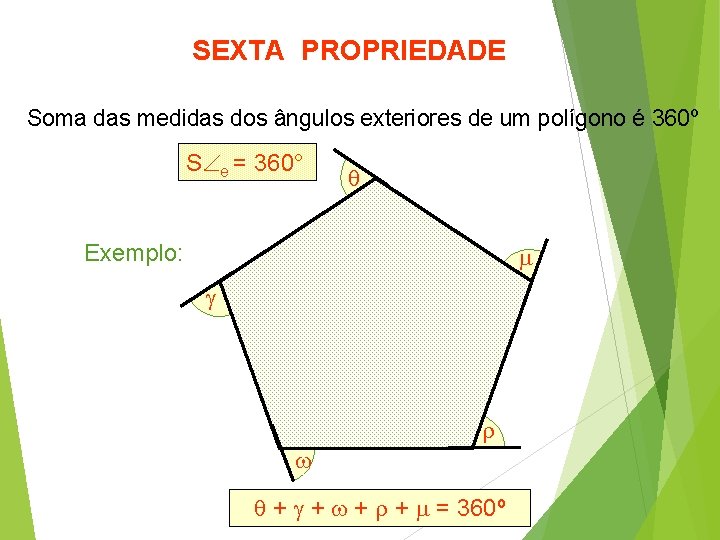 SEXTA PROPRIEDADE Soma das medidas dos ângulos exteriores de um polígono é 360º S