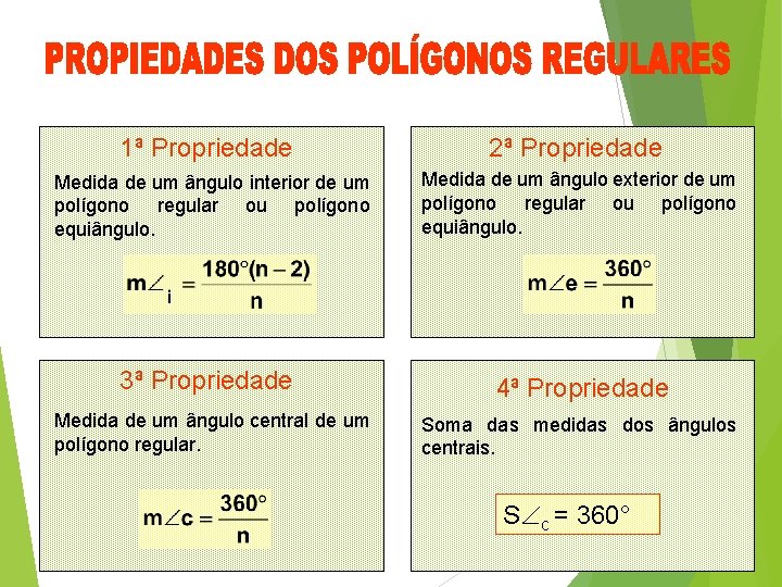 1ª Propriedade Medida de um ângulo interior de um polígono regular ou polígono equiângulo.