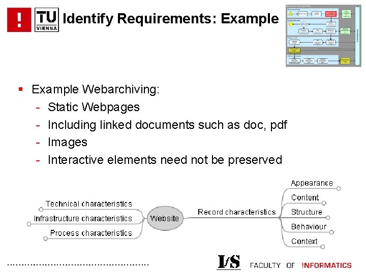 Identify Requirements: Example § Example Webarchiving: - Static Webpages - Including linked documents such