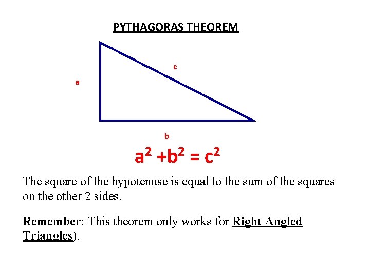 PYTHAGORAS THEOREM c a b a 2 +b 2 = c 2 The square