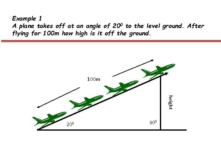 Example 1 A plane takes off at an angle of 200 to the level Example 1 A plane takes off at an angle of 200 to the level