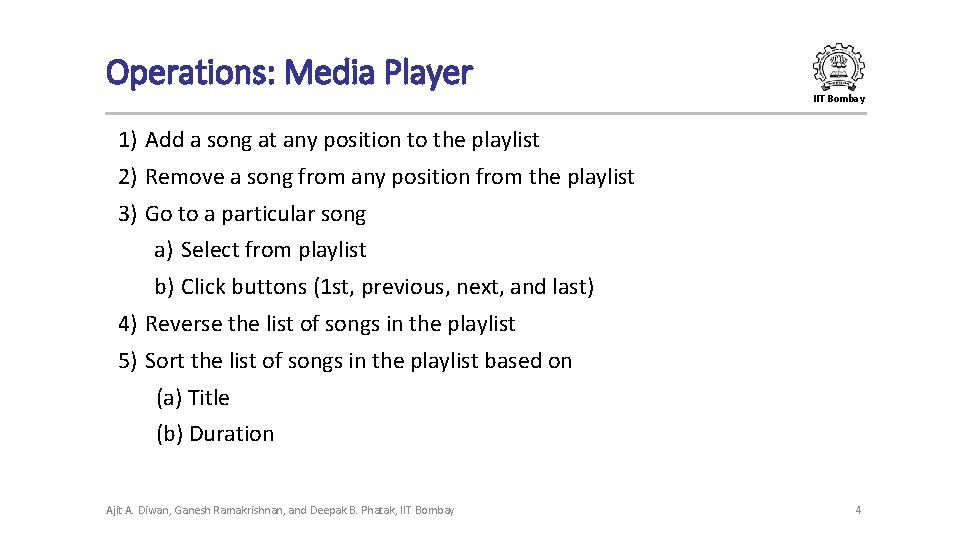Operations: Media Player IIT Bombay 1) Add a song at any position to the Operations: Media Player IIT Bombay 1) Add a song at any position to the