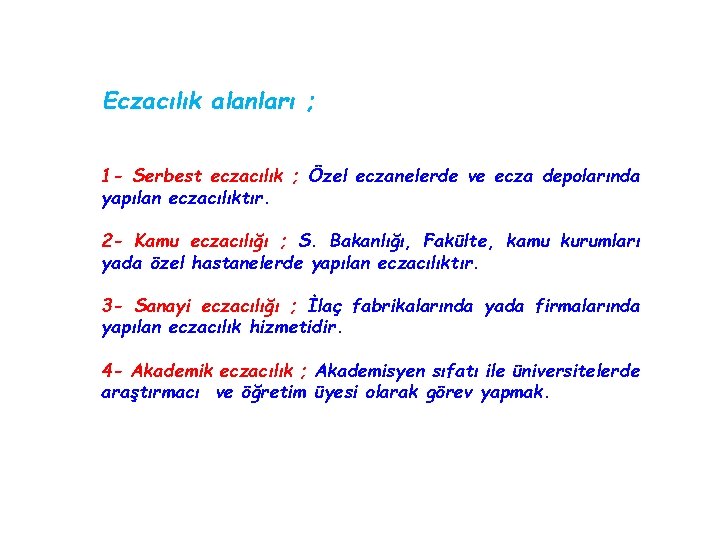Eczacılık alanları ; 1 - Serbest eczacılık ; Özel eczanelerde ve ecza depolarında yapılan Eczacılık alanları ; 1 - Serbest eczacılık ; Özel eczanelerde ve ecza depolarında yapılan