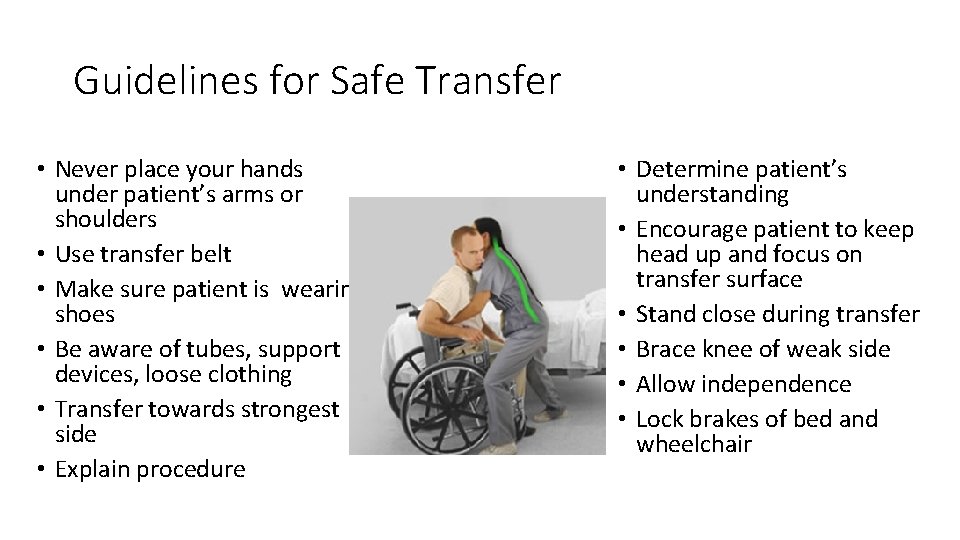Guidelines for Safe Transfer • Never place your hands under patient’s arms or shoulders Guidelines for Safe Transfer • Never place your hands under patient’s arms or shoulders