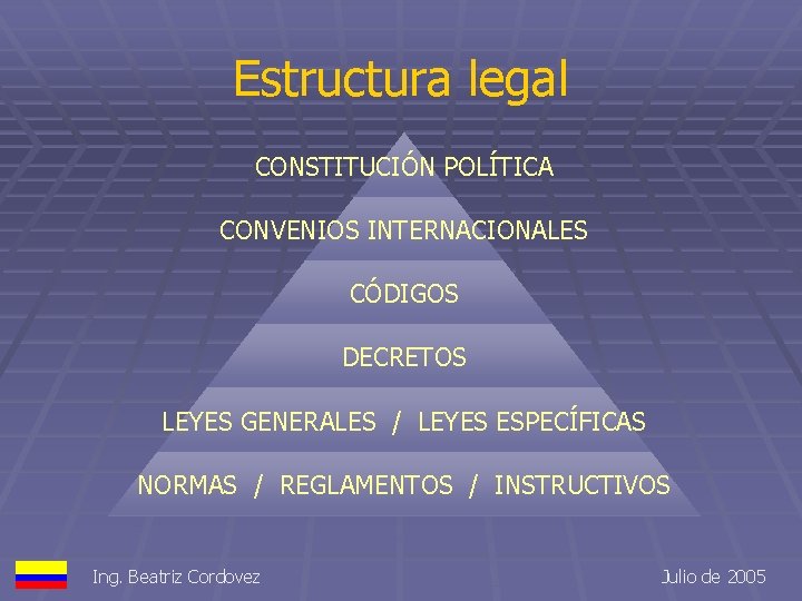 Estructura legal CONSTITUCIÓN POLÍTICA CONVENIOS INTERNACIONALES CÓDIGOS DECRETOS LEYES GENERALES / LEYES ESPECÍFICAS NORMAS
