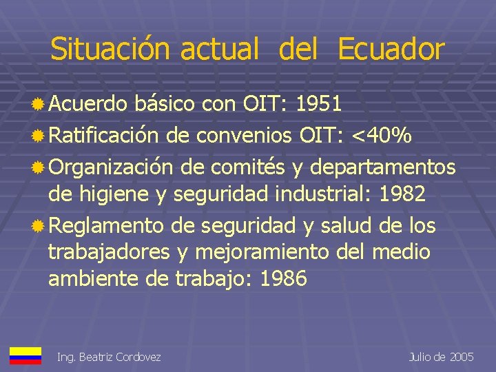 Situación actual del Ecuador ® Acuerdo básico con OIT: 1951 ® Ratificación de convenios