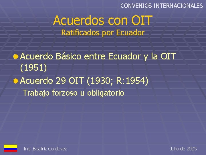 CONVENIOS INTERNACIONALES Acuerdos con OIT Ratificados por Ecuador ® Acuerdo Básico entre Ecuador y