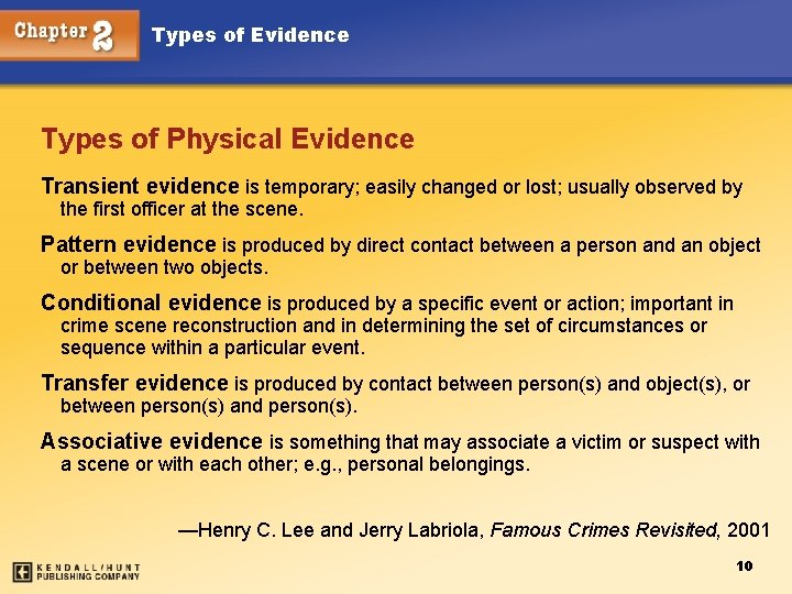 Types of Evidence Types of Physical Evidence Transient evidence is temporary; easily changed or