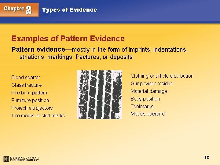 Types of Evidence Examples of Pattern Evidence Pattern evidence—mostly in the form of imprints,