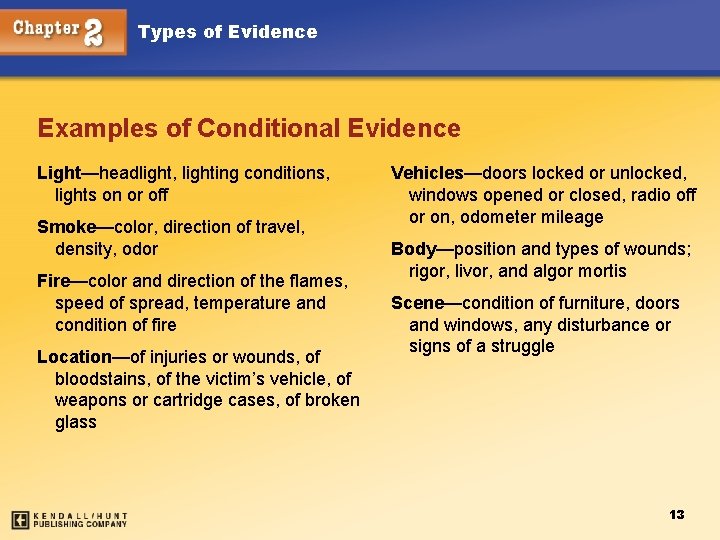 Types of Evidence Examples of Conditional Evidence Light—headlight, lighting conditions, lights on or off