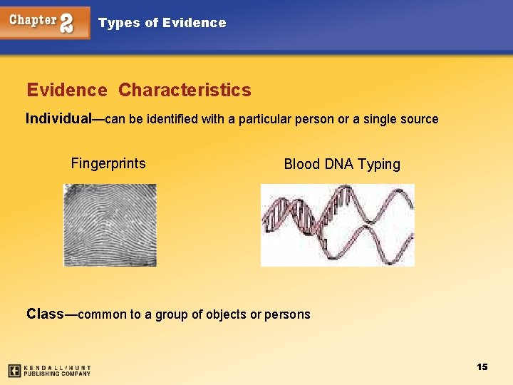 Types of Evidence Characteristics Individual—can be identified with a particular person or a single