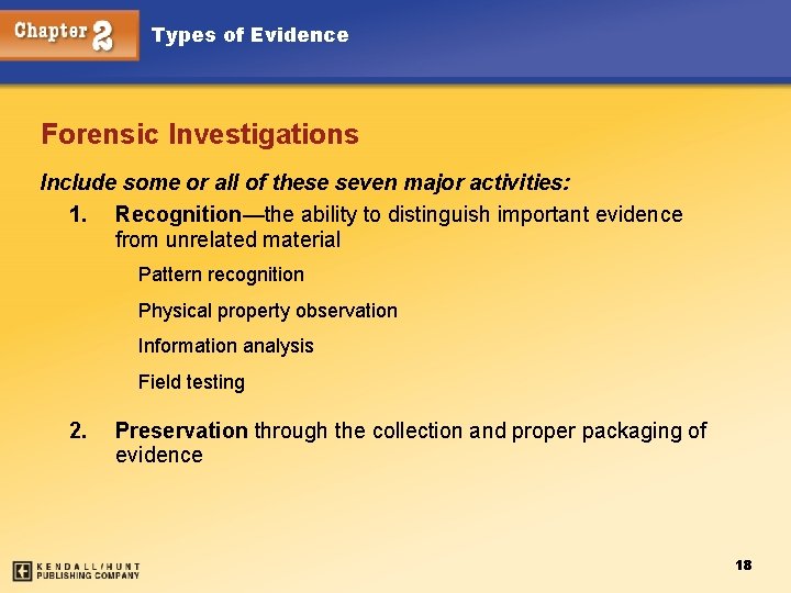 Types of Evidence Forensic Investigations Include some or all of these seven major activities: