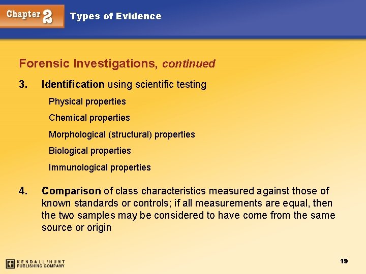 Types of Evidence Forensic Investigations, continued 3. Identification using scientific testing Physical properties Chemical