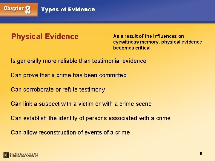 Types of Evidence Physical Evidence As a result of the influences on eyewitness memory,
