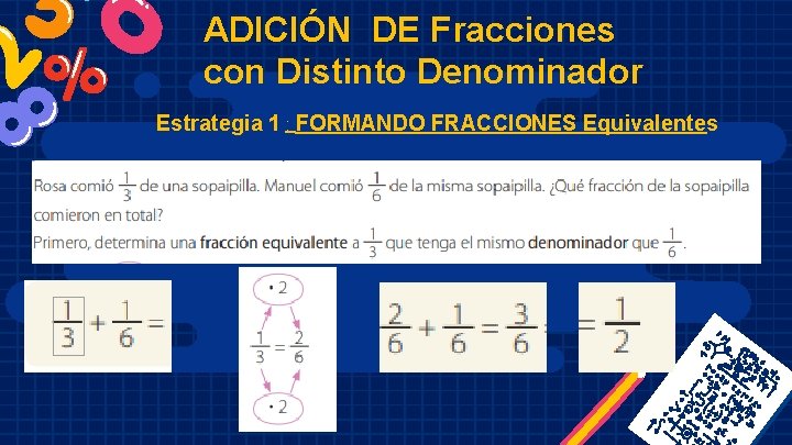 ADICIÓN DE Fracciones con Distinto Denominador Estrategia 1 : FORMANDO FRACCIONES Equivalentes 