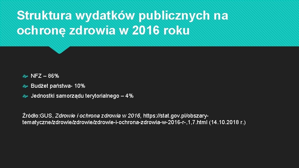 Struktura wydatków publicznych na ochronę zdrowia w 2016 roku NFZ – 86% Budżet państwa-