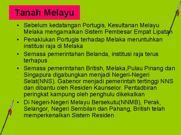 Tanah Melayu • Sebelum kedatangan Portugis, Kesultanan Melayu Melaka mengamalkan Sistem Pembesar Empat Lipatan