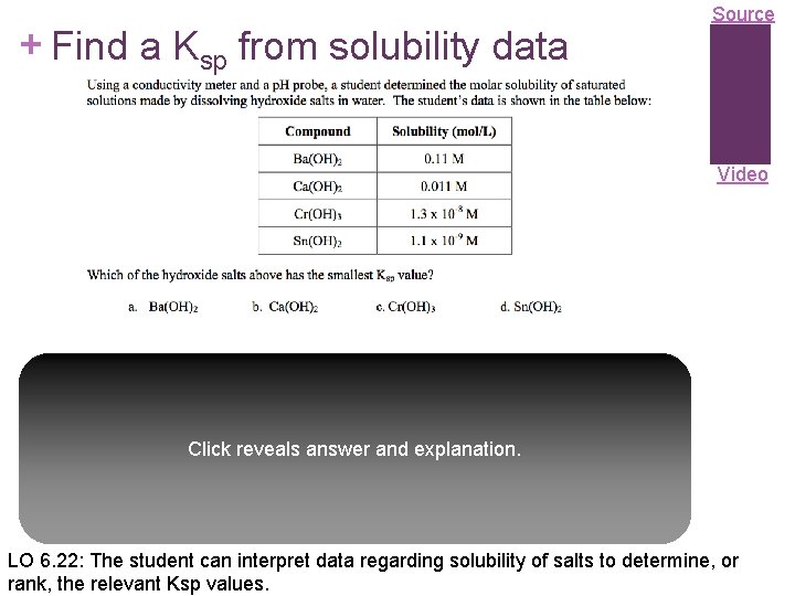 + Find a Ksp from solubility data Source Video Click reveals answer and explanation.