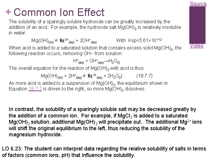 Source + Common Ion Effect The solubility of a sparingly soluble hydroxide can be