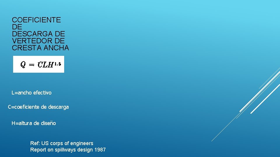 COEFICIENTE DE DESCARGA DE VERTEDOR DE CRESTA ANCHA L=ancho efectivo C=coeficiente de descarga H=altura