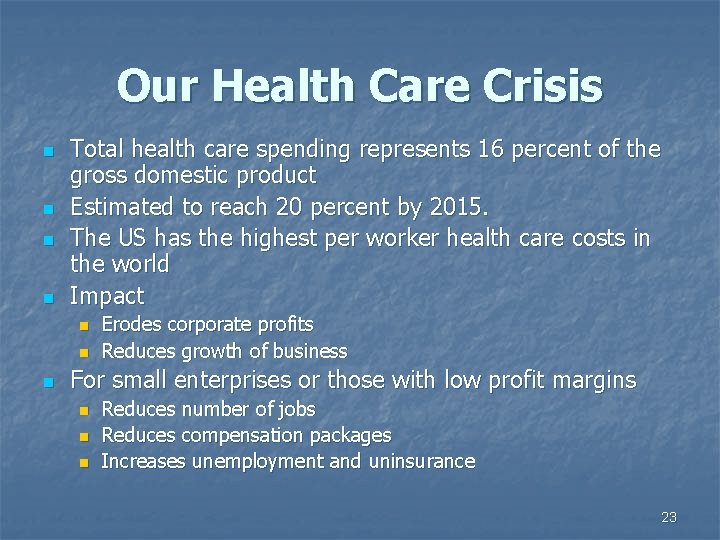 Our Health Care Crisis n n Total health care spending represents 16 percent of