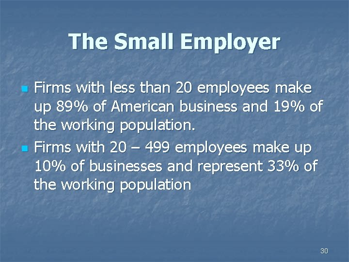The Small Employer n n Firms with less than 20 employees make up 89%
