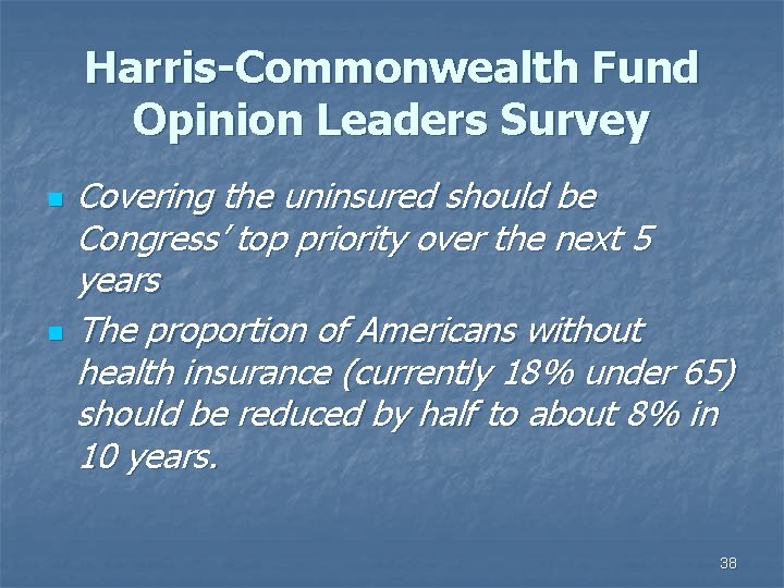 Harris-Commonwealth Fund Opinion Leaders Survey n n Covering the uninsured should be Congress’ top