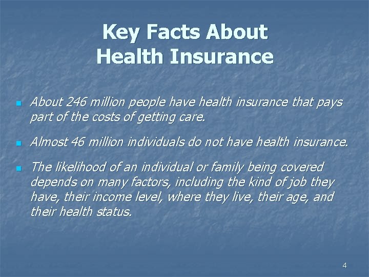 Key Facts About Health Insurance n n n About 246 million people have health