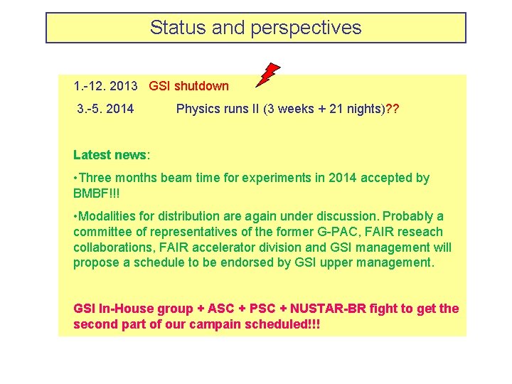 Status and perspectives 1. -12. 2013 GSI shutdown 3. -5. 2014 Physics runs II