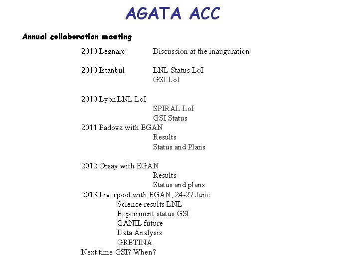 AGATA ACC Annual collaboration meeting 2010 Legnaro Discussion at the inauguration 2010 Istanbul LNL