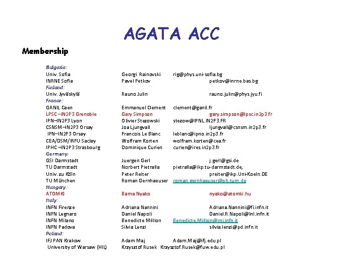 AGATA ACC Membership Bulgaria: Univ. Sofia INRNE Sofia Finland: Univ. Jyväskylä France: GANIL Caen