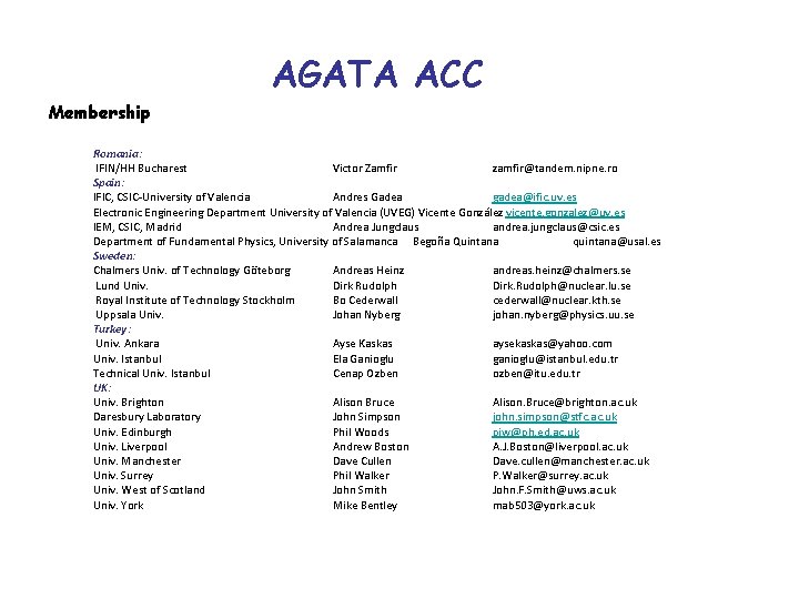 AGATA ACC Membership Romania: IFIN/HH Bucharest Victor Zamfir zamfir@tandem. nipne. ro Spain: IFIC, CSIC-University