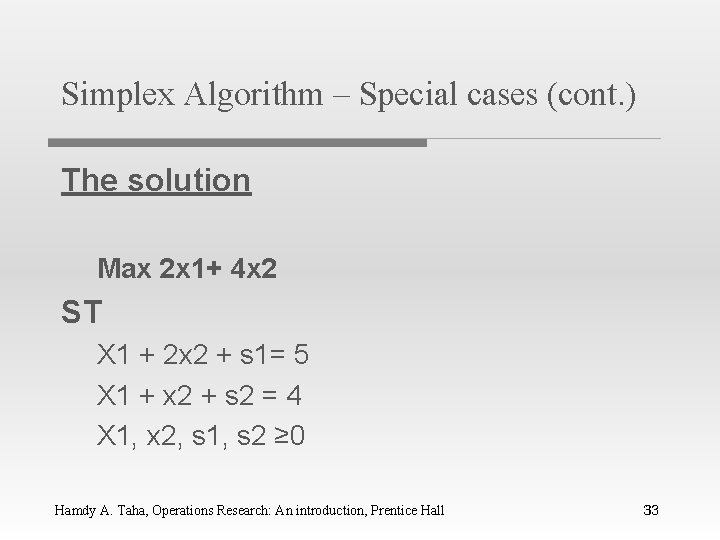 Simplex Algorithm – Special cases (cont. ) The solution Max 2 x 1+ 4