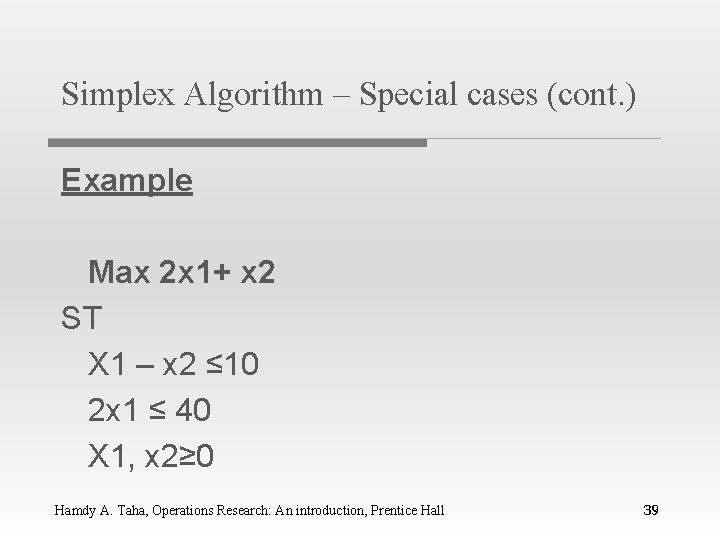 Simplex Algorithm – Special cases (cont. ) Example Max 2 x 1+ x 2
