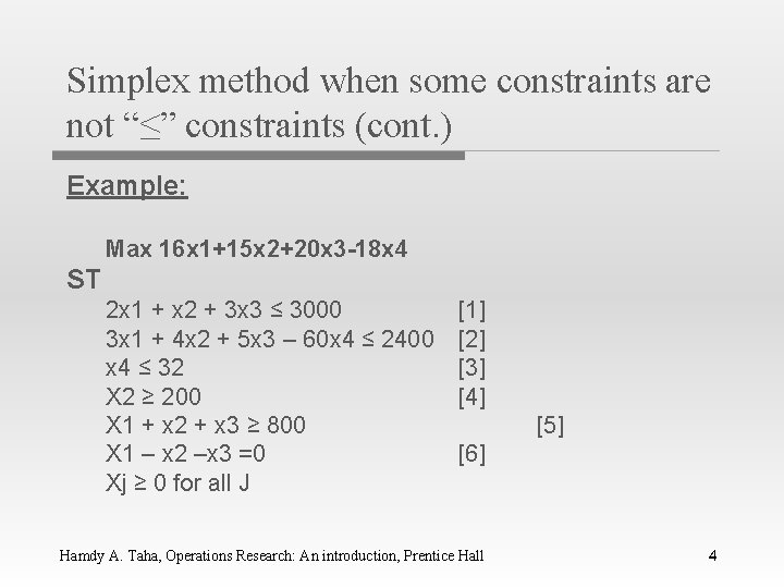 Simplex method when some constraints are not “≤” constraints (cont. ) Example: Max 16