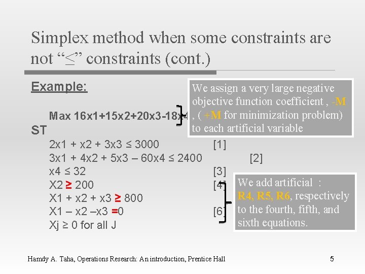 Simplex method when some constraints are not “≤” constraints (cont. ) Example: We assign