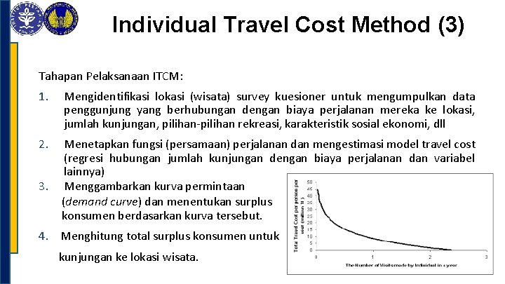 Individual Travel Cost Method (3) Tahapan Pelaksanaan ITCM: 1. Mengidentifikasi lokasi (wisata) survey kuesioner