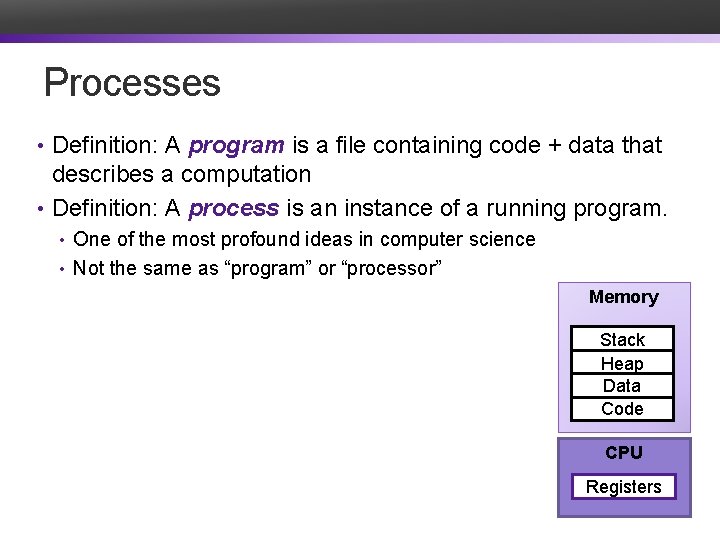 Processes • Definition: A program is a file containing code + data that describes
