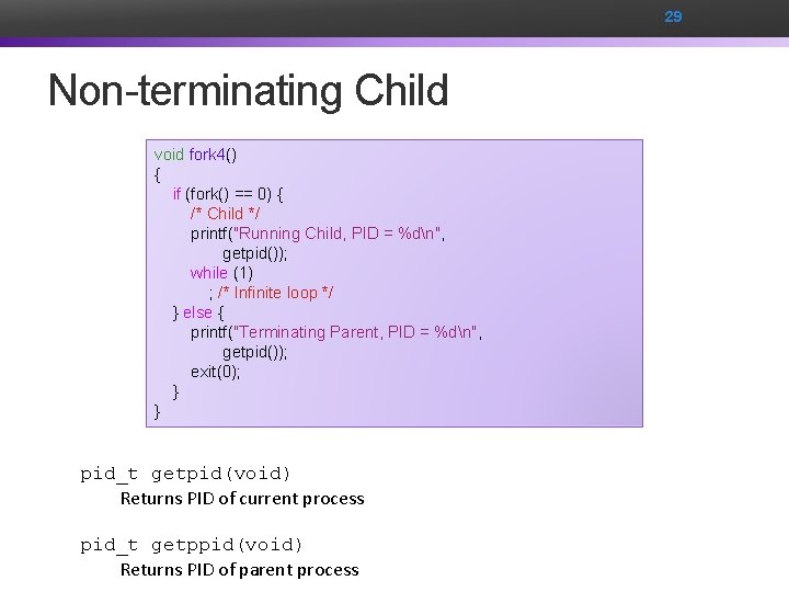29 Non-terminating Child void fork 4() { if (fork() == 0) { /* Child