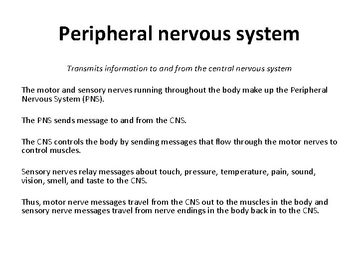 Peripheral nervous system Transmits information to and from the central nervous system The motor