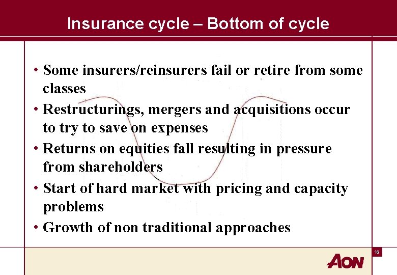 Insurance cycle – Bottom of cycle • Some insurers/reinsurers fail or retire from some