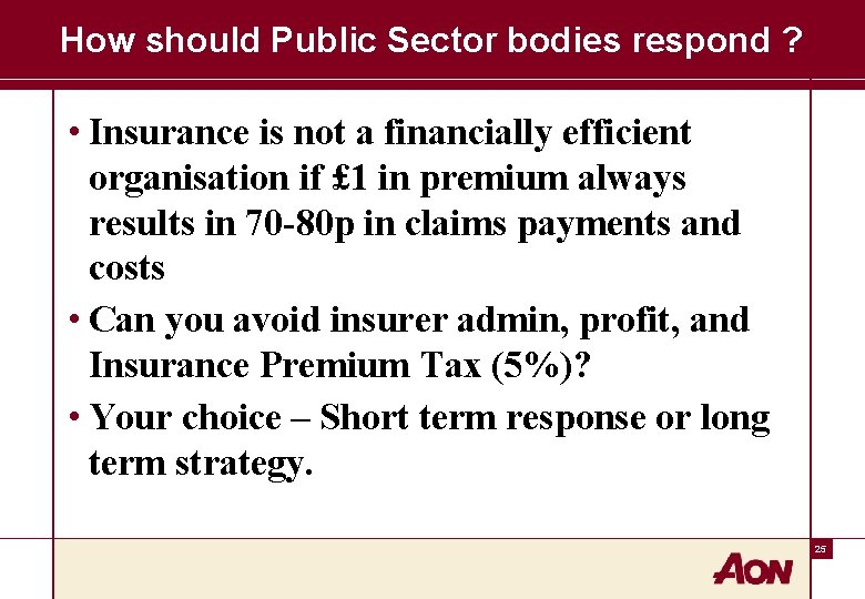 How should Public Sector bodies respond ? • Insurance is not a financially efficient