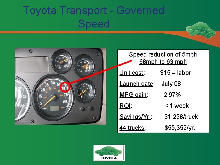 Toyota Transport - Governed Speed reduction of 5 mph 68 mph to 63 mph