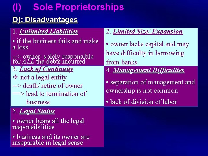 (I) Sole Proprietorships D): Disadvantages 1. Unlimited Liabilities • if the business fails and