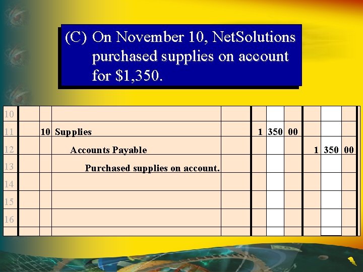 (C) On November 10, Net. Solutions purchased supplies on account for $1, 350. 10