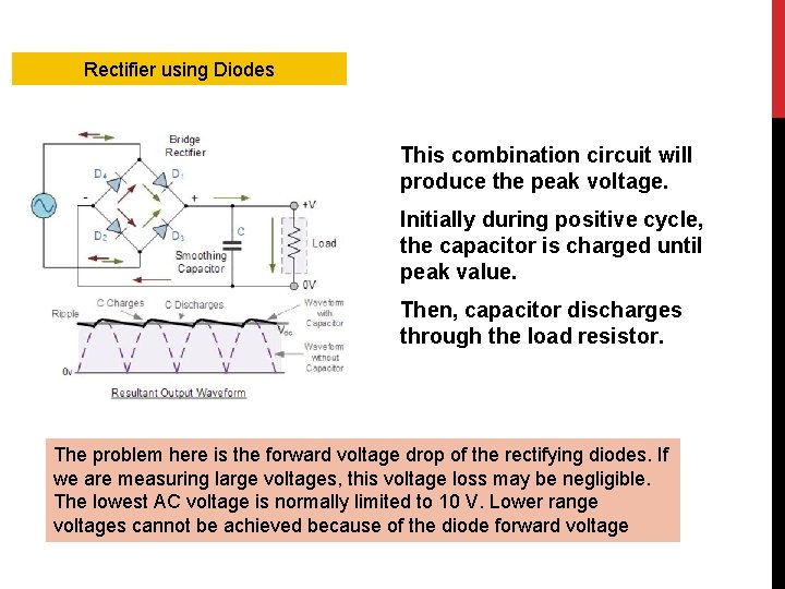 Rectifier using Diodes This combination circuit will produce the peak voltage. Initially during positive